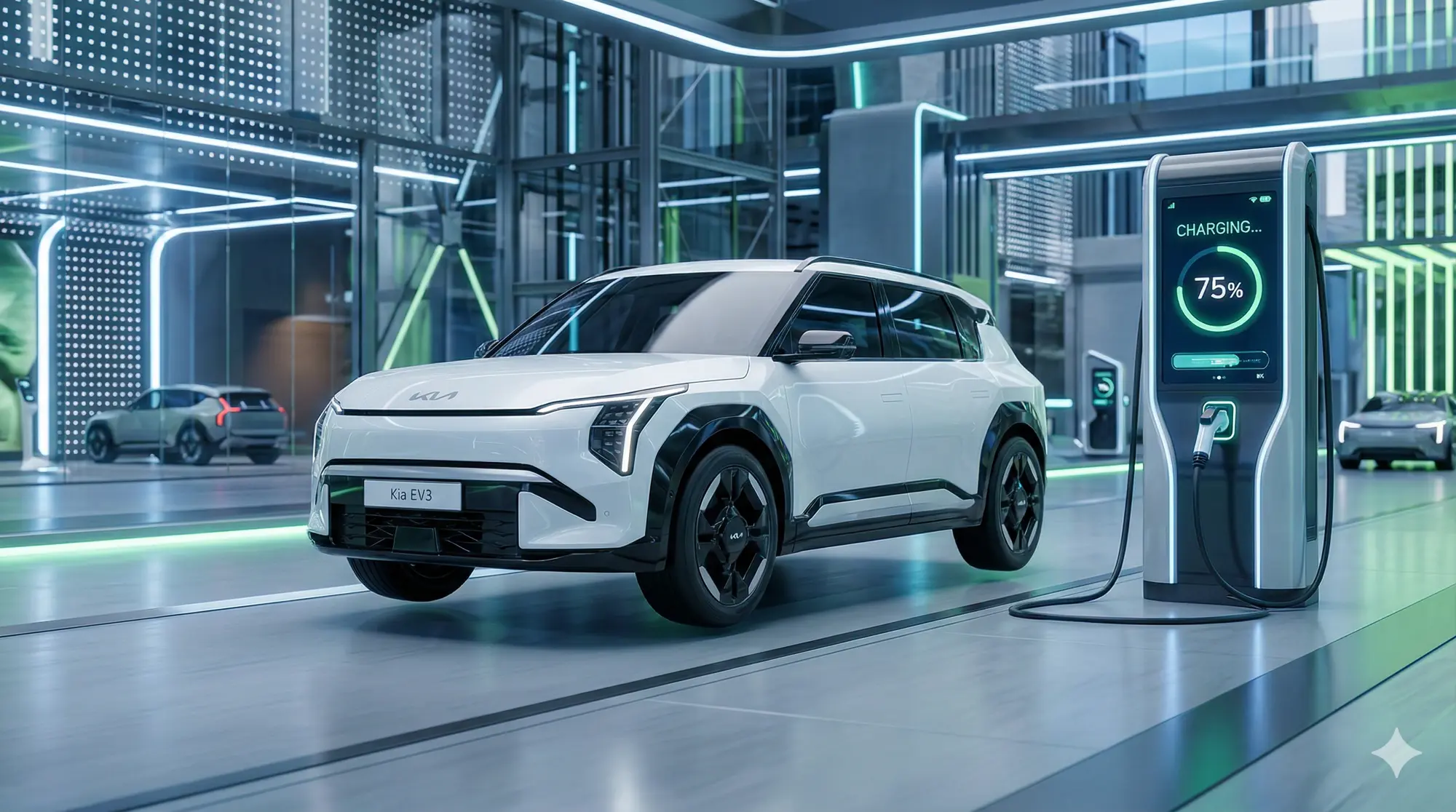 Kia EV3 carro elétrico compacto branco com tecnologia V2L