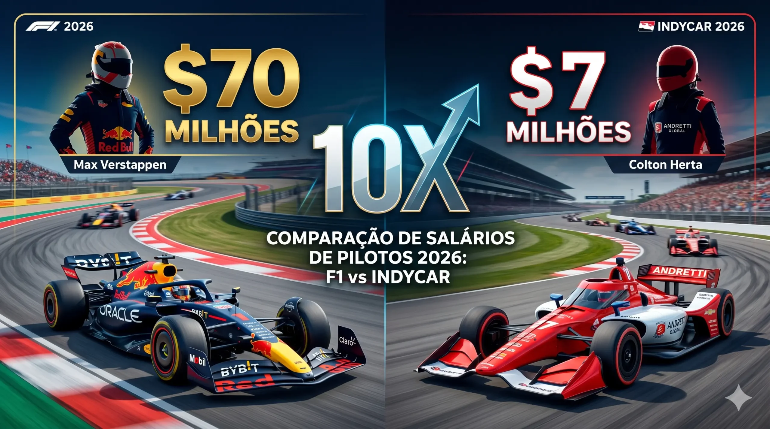 Comparativo de salários de pilotos da Fórmula 1 e IndyCar em 2026: Max Verstappen (US$ 70 milhões) vs Colton Herta (US$ 7 milhões)